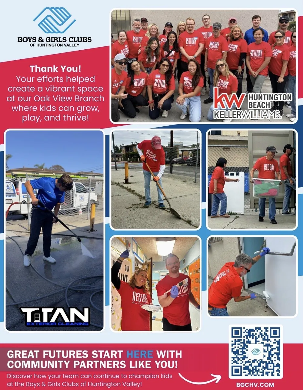 Thank-you flyer from the Boys and Girls Clubs of Huntington Valley showing Keller Williams Huntington Beach volunteers and the Titan crew pressure washing