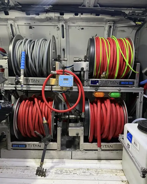 Hose reels and equipment inside the Titan van