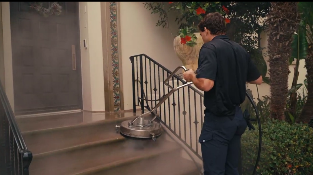 State of the art pressure washing equipment to clean pavement and stairs