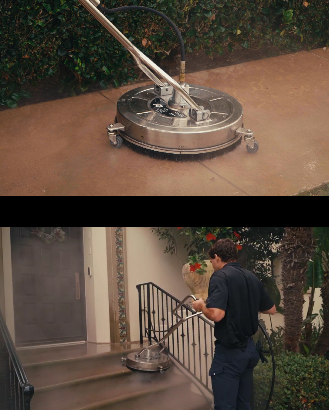 State of the are pressure washing equipment to clean pavement and stairs