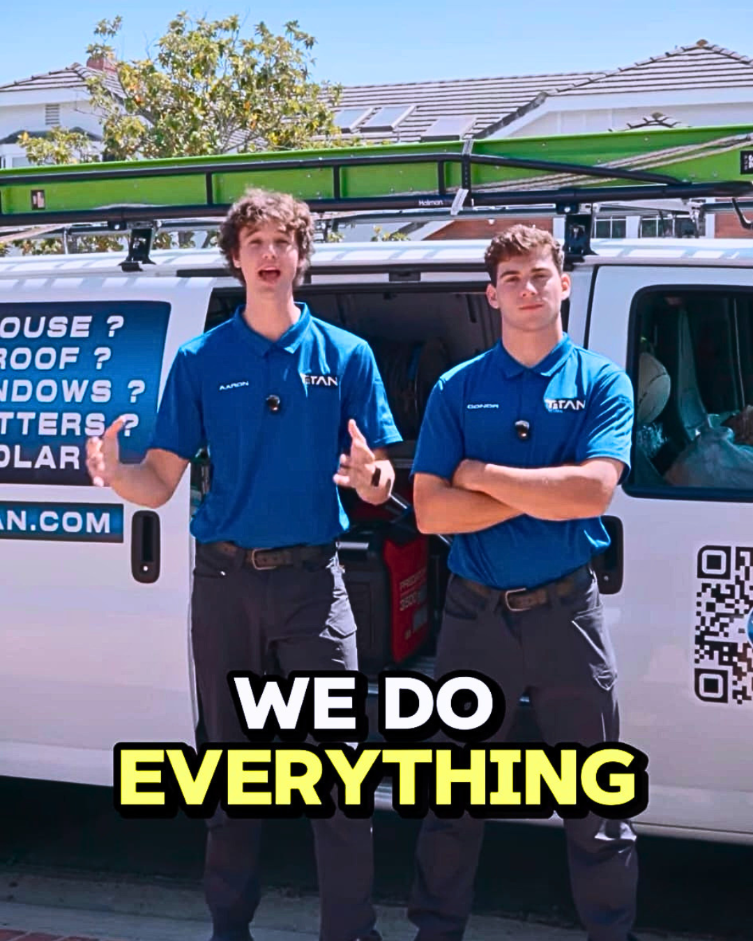 Scrub Titan exterior cleaning crew in Orange County standing in front of branded service van offering house washing, roof cleaning, window cleaning, gutter cleaning, and solar panel cleaning services